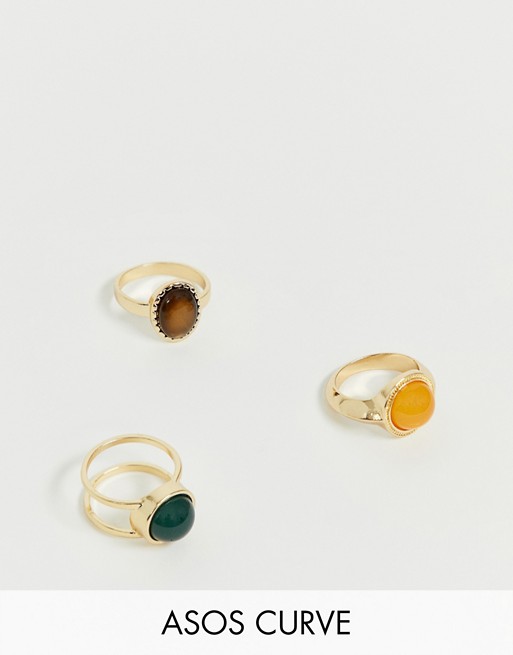 ASOS DESIGN Curve pack of 3 rings with faux tigers eye and stone detail in gold tone