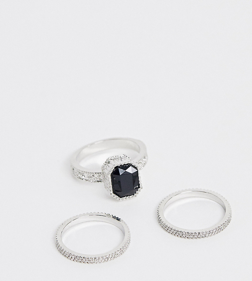 ASOS DESIGN Curve pack of 3 rings with large stone in silver tone