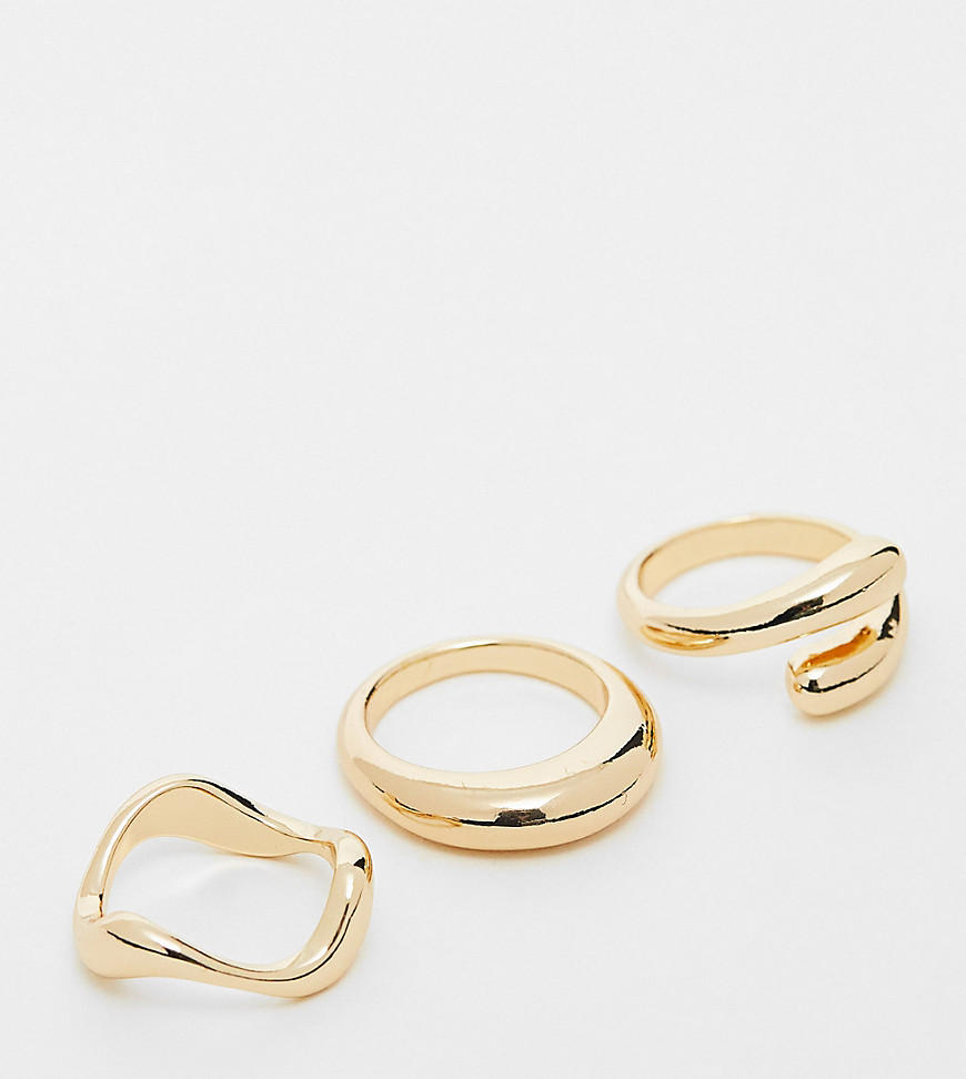 ASOS DESIGN Curve pack of 3 rings with mixed minimal designs in gold tone
