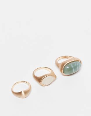 ASOS Curve ASOS DESIGN Curve pack of 3 rings with semi precious stone set in brushed gold tone