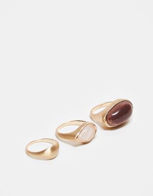 ASOS Curve ASOS DESIGN Curve pack of 3 rings with semi precious style stone set in brushed gold tone