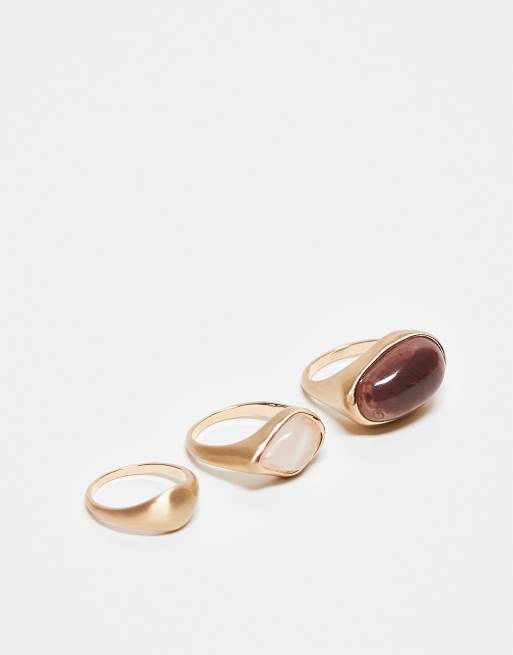 FhyzicsShops DESIGN Curve pack of 3 rings with semi precious style stone set in brushed gold tone