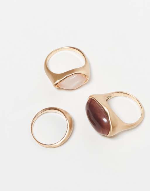 ASOS DESIGN Curve pack of 3 rings with semi precious style stone set in brushed gold tone, 2 of 4