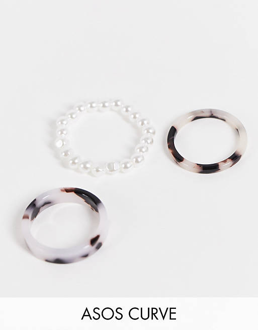 ASOS DESIGN Curve pack of 3 rings with stretch pearl and tort plastic ring