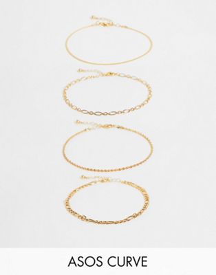 ASOS DESIGN Curve pack of 4 14k gold plated anklets in mixed chain design