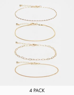 ASOS Curve ASOS DESIGN Curve pack of 4 anklets with chain design in gold tone