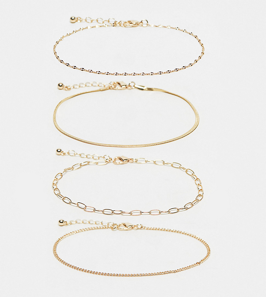 ASOS DESIGN Curve pack of 4 anklets with chain design in gold tone