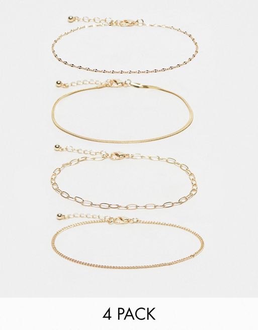  ASOS DESIGN Curve pack of 4 anklets with chain design in gold tone