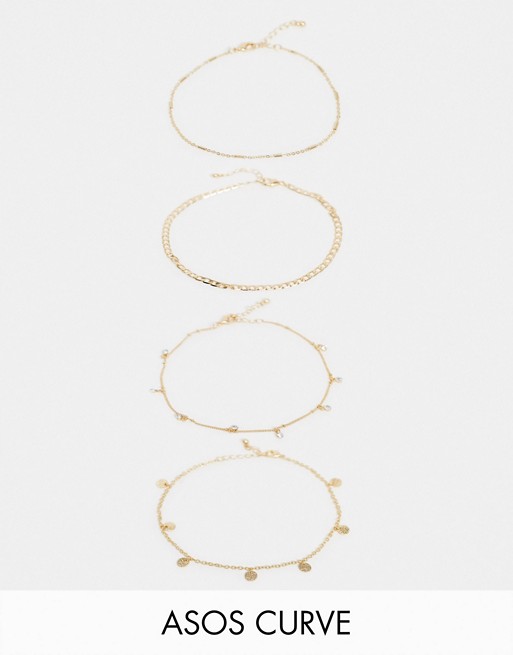 ASOS DESIGN Curve pack of 4 anklets with fine curb chain and crystal disc charms in gold tone