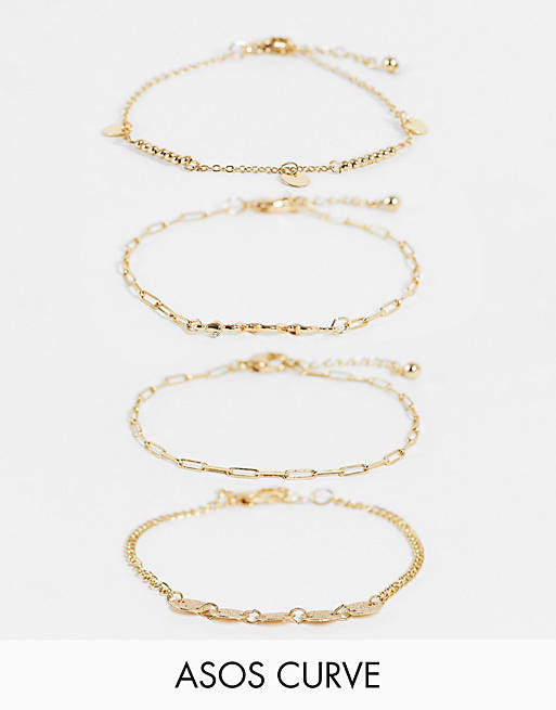 ASOS DESIGN Curve pack of 4 bracelets with snake and disk charms in gold tone
