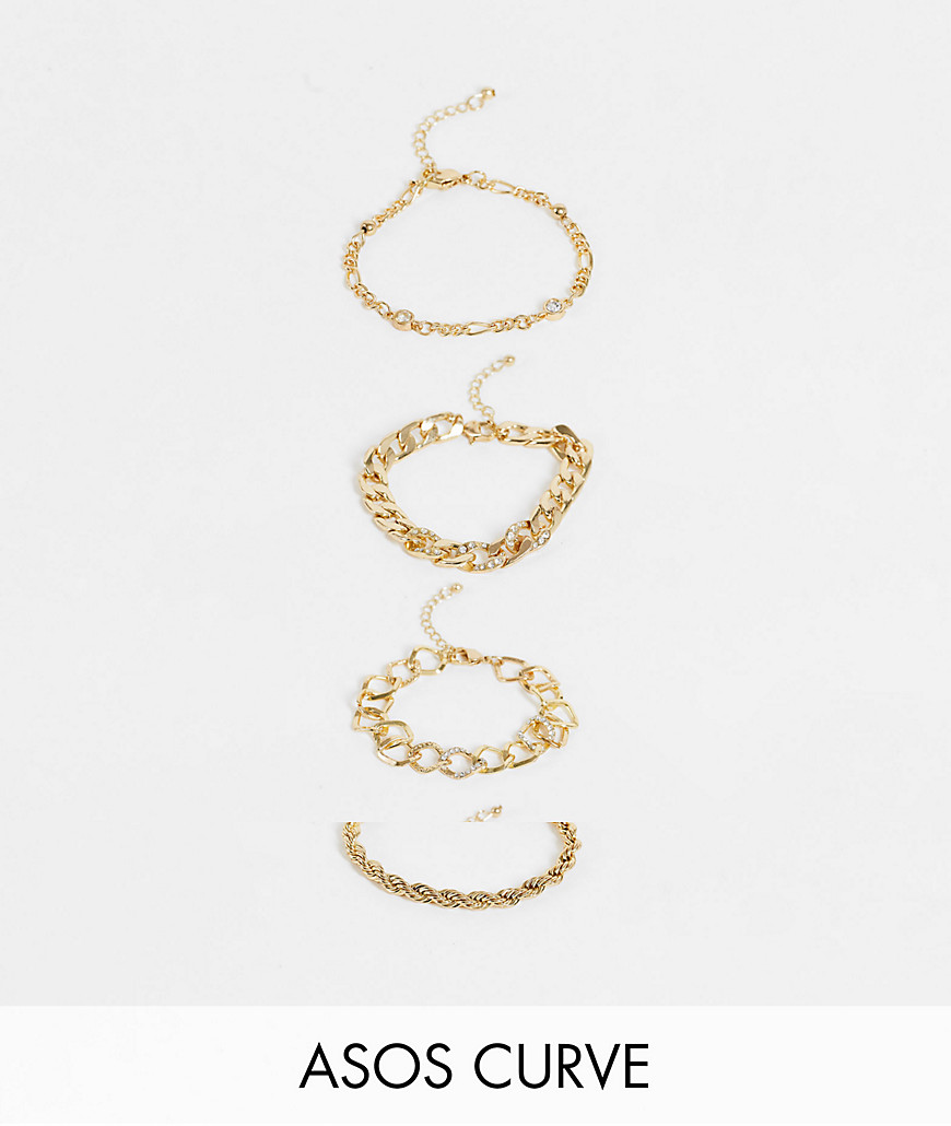 ASOS DESIGN Curve pack of 4 chain bracelets with crystal in gold tone