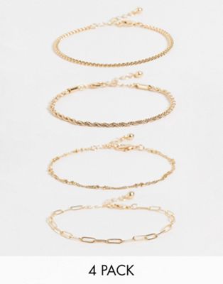 ASOS DESIGN Curve pack of 4 fine chain bracelets in gold tone