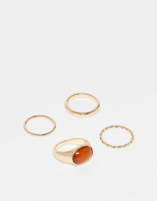 ASOS DESIGN Curve pack of 4 mixed rings with faux semi precious stones in gold tone