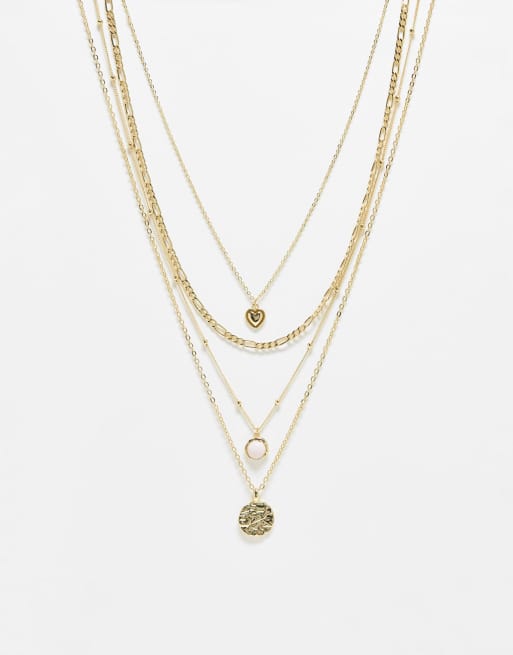 ASOS DESIGN Curve pack of 4 necklaces with multi stone pendant design in gold tone