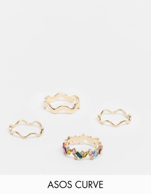 ASOS DESIGN Curve pack of 4 rings with rainbow crystal and plain zig zag in gold tone | ASOS