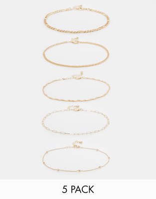 ASOS DESIGN ASOS DESIGN Curve pack of 5 anklets with mixed design in gold tone