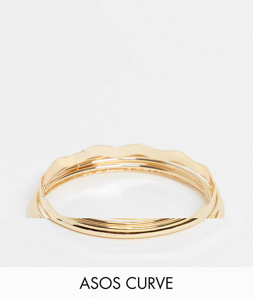 ASOS DESIGN Curve pack of 5 bangle bracelets in mixed design in gold tone
