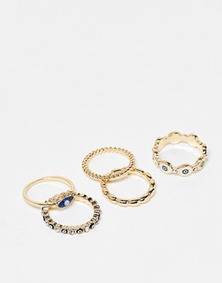 ASOS DESIGN Curve pack of 5 rings with mixed eye design in gold tone