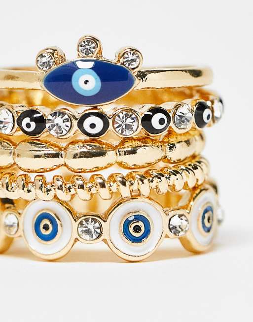 ASOS DESIGN Curve pack of 5 rings with mixed eye design in gold tone, 4 of 4