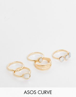 ASOS DESIGN Curve pack of 5 rings with opal design in gold tone