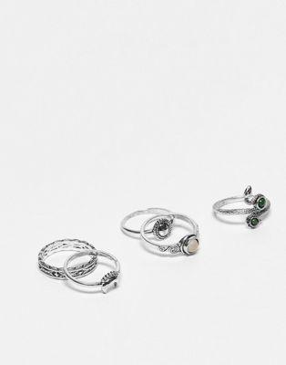 ASOS DESIGN Curve pack of 5 rings with vintage stone design in burnished silver tone