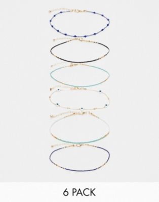 Asos Curve Asos Design Curve Pack Of 6 Anklets With Eye And Bead Design-multi