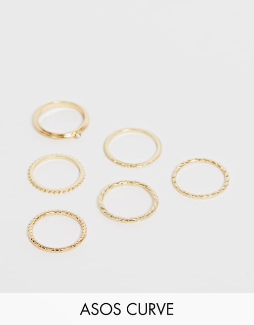 ASOS DESIGN Curve pack of 6 rings in engraved rope and twisted designs in gold tone