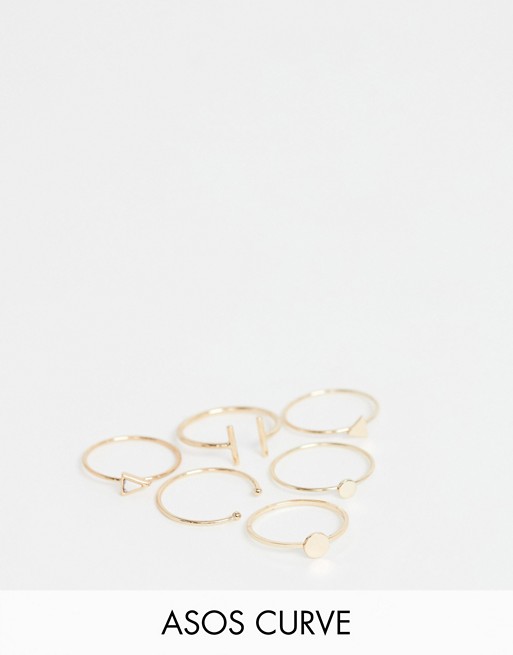 ASOS DESIGN Curve pack of 6 rings in fine geo design in gold