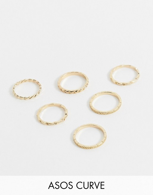 ASOS DESIGN Curve pack of 6 rings in mixed chain design in gold