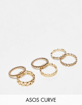 ASOS DESIGN Curve pack of 6 rings with chain design in gold tone | ASOS