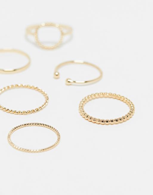 ASOS DESIGN Curve pack of 6 rings with open circle detail in gold tone