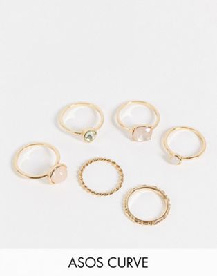 ASOS DESIGN Curve pack of 6 rings with pastel coloured stones in gold tone
