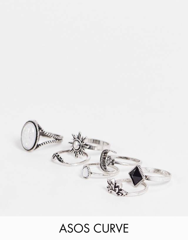 ASOS Curve -  ASOS DESIGN Curve pack of 7 rings in mixed 90s designs in silver tone