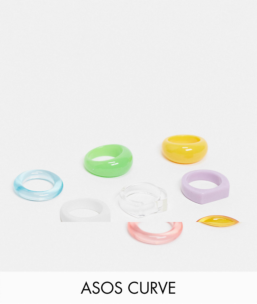 ASOS DESIGN Curve pack of 8 mixed colorful rings in plastic-Multi