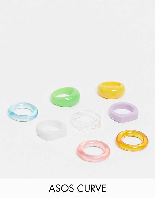 ASOS DESIGN Curve pack of 8 mixed colorful rings in plastic