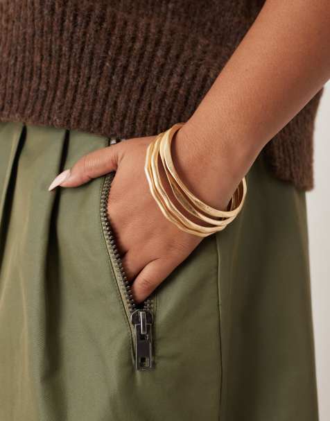 ASOS DESIGN Curve pack of bangles with molten design in brushed gold - view 1