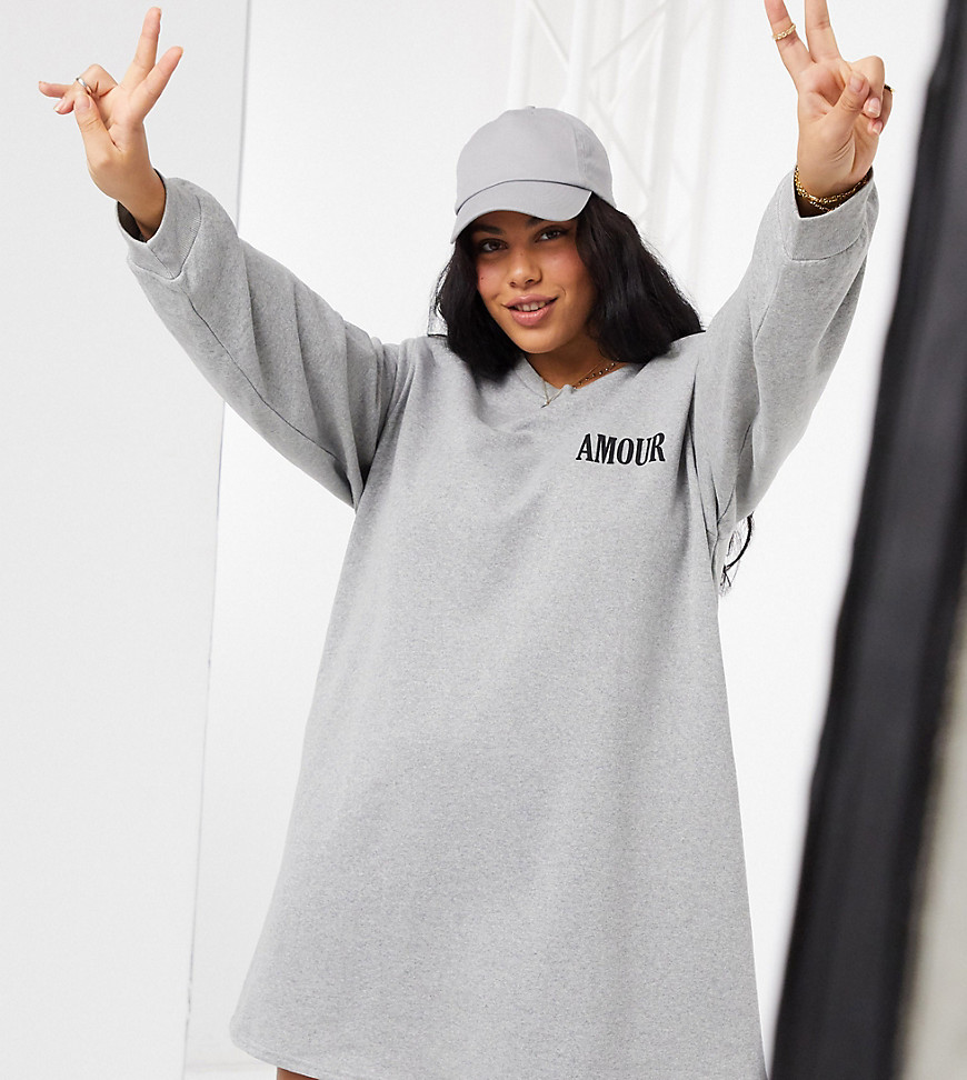 ASOS DESIGN Curve padded shoulder mini sweatshirt dress in gray with amour logo-Grey