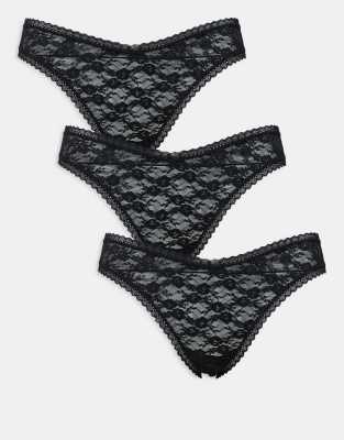 ASOS DESIGN Curve - Pakke med 3 sorte G-strenge i blondestof - view 1