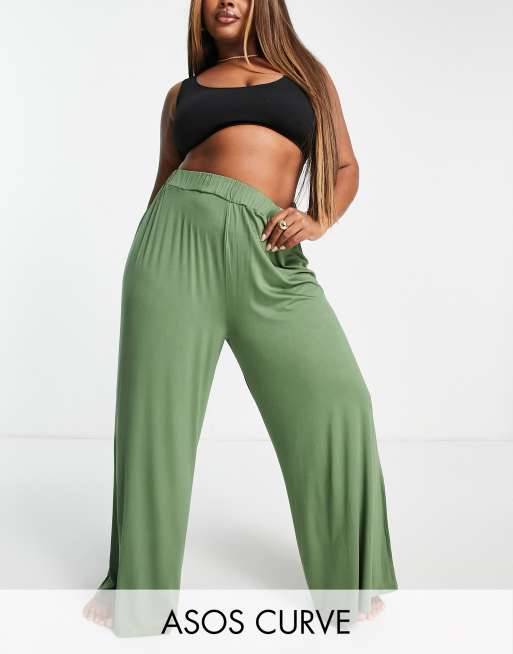 ASOS DESIGN Curve – Palazzo-Strandhose aus Jersey in Khaki