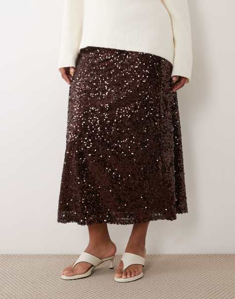 ASOS DESIGN Curve paljettmidikjol i chokladbrun - view 1