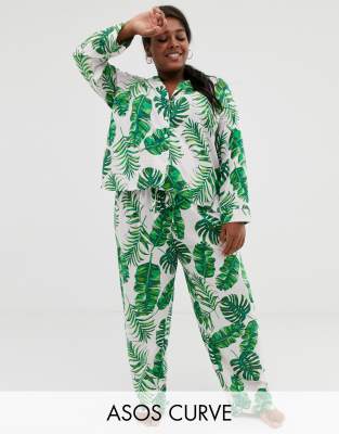 Asos Design Curve Palm Print Pyjama Pant Set In 100 Modal Asos