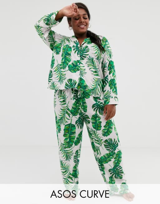 ASOS DESIGN Curve palm print pyjama pants set in 100 modal