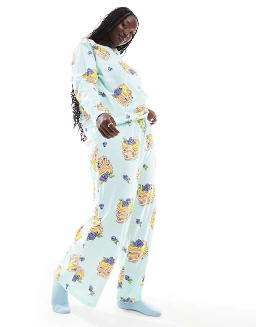 ASOS DESIGN Curve pancakes long sleeve top & pants pajama set in blue
