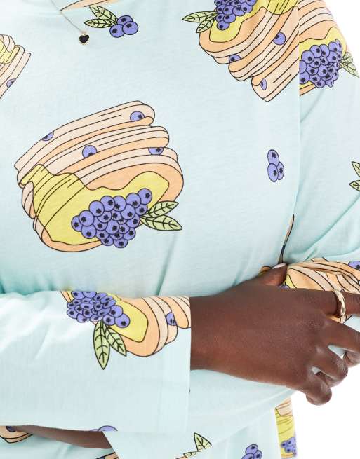 ASOS DESIGN Curve pancakes long sleeve top & pants pajama set in blue