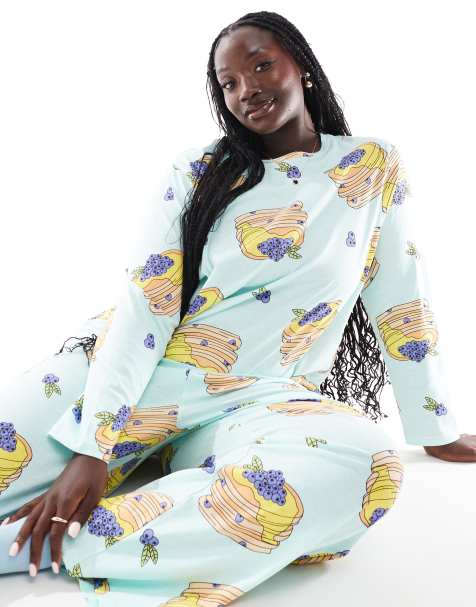 ASOS DESIGN Curve pancakes long sleeve top & trouser pyjama set in blue - view 1
