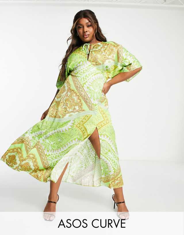 ASOS DESIGN Curve paneled satin midi dress with keyhole in green scarf print