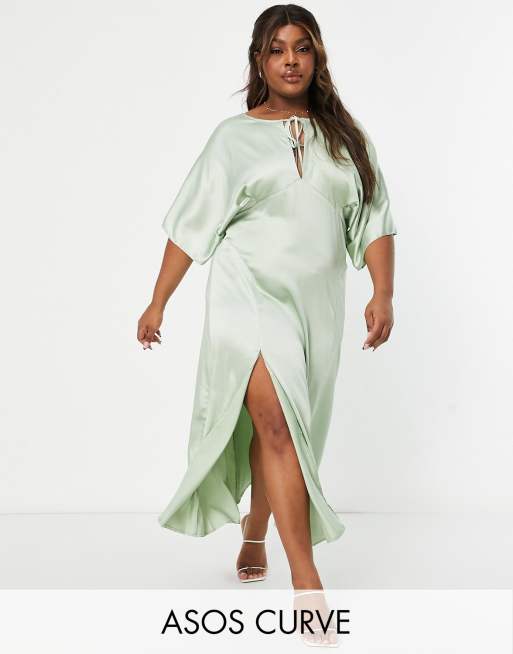 ASOS DESIGN Curve paneled satin midi dress with keyhole in sage green ...