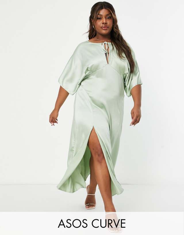 ASOS DESIGN Curve paneled satin midi dress with keyhole in sage green