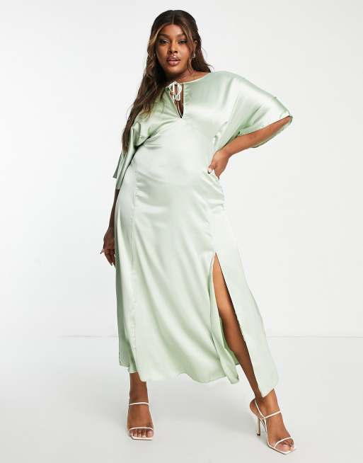 ASOS DESIGN Curve paneled satin midi dress with keyhole in sage green | ASOS