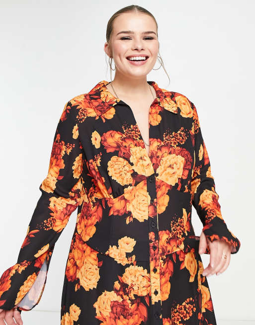 ASOS DESIGN Curve panelled button through midi shirt dress in 70s bloom print, 2 of 4